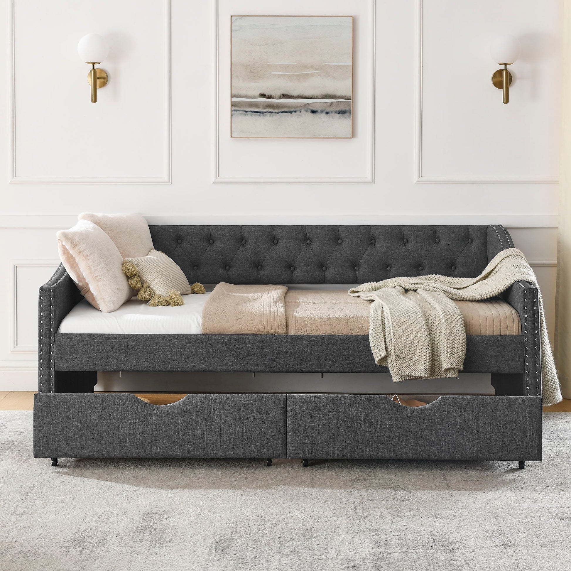 Upholstered Tufted Daybed With 2 Drawers, Waved Arms - The Sleep Loft - Online Mattress Showroom NYC
