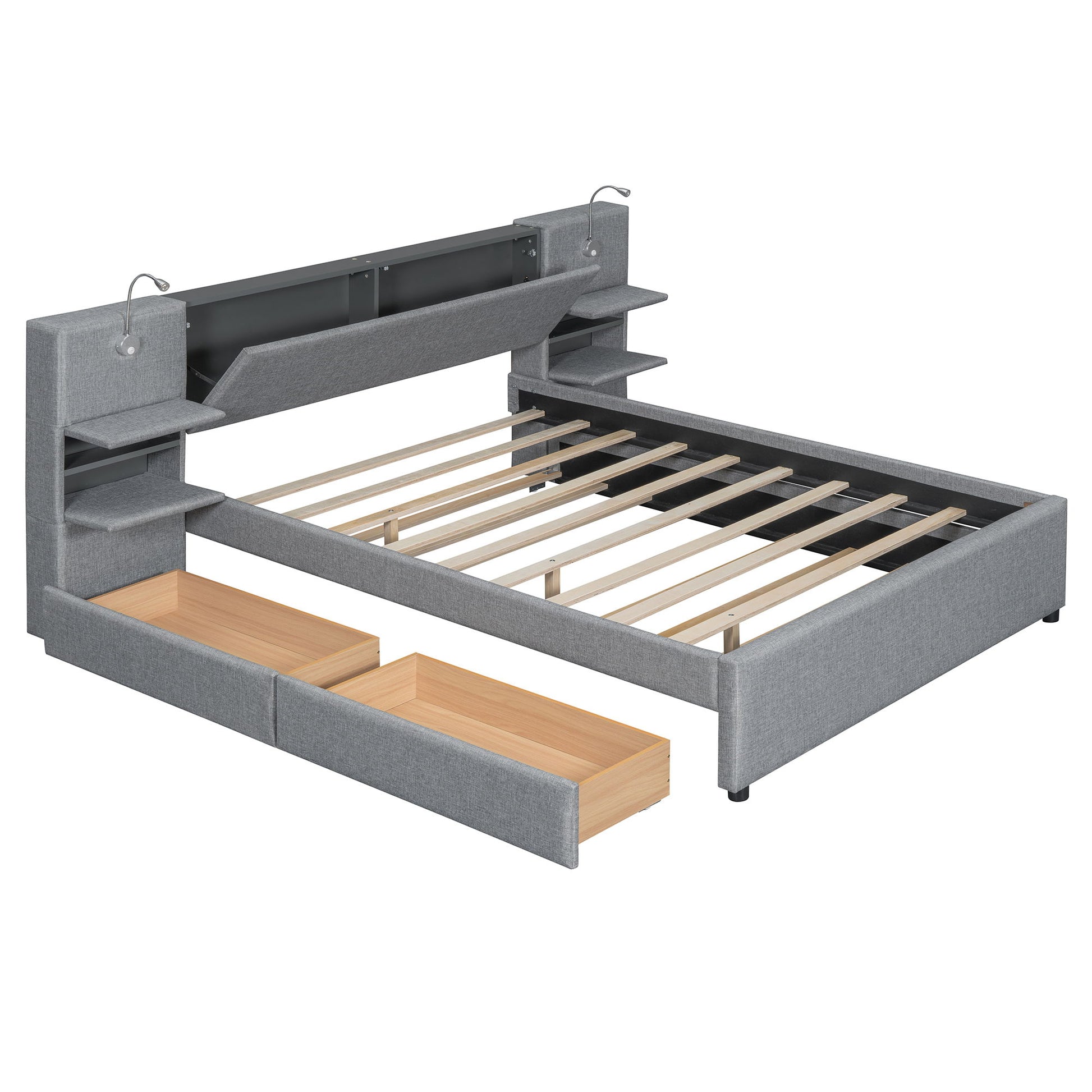 Upholstered Platform Bed With Reading Lights, Drawers, Trundle And Shelves - The Sleep Loft - Online Mattress Showroom NYC