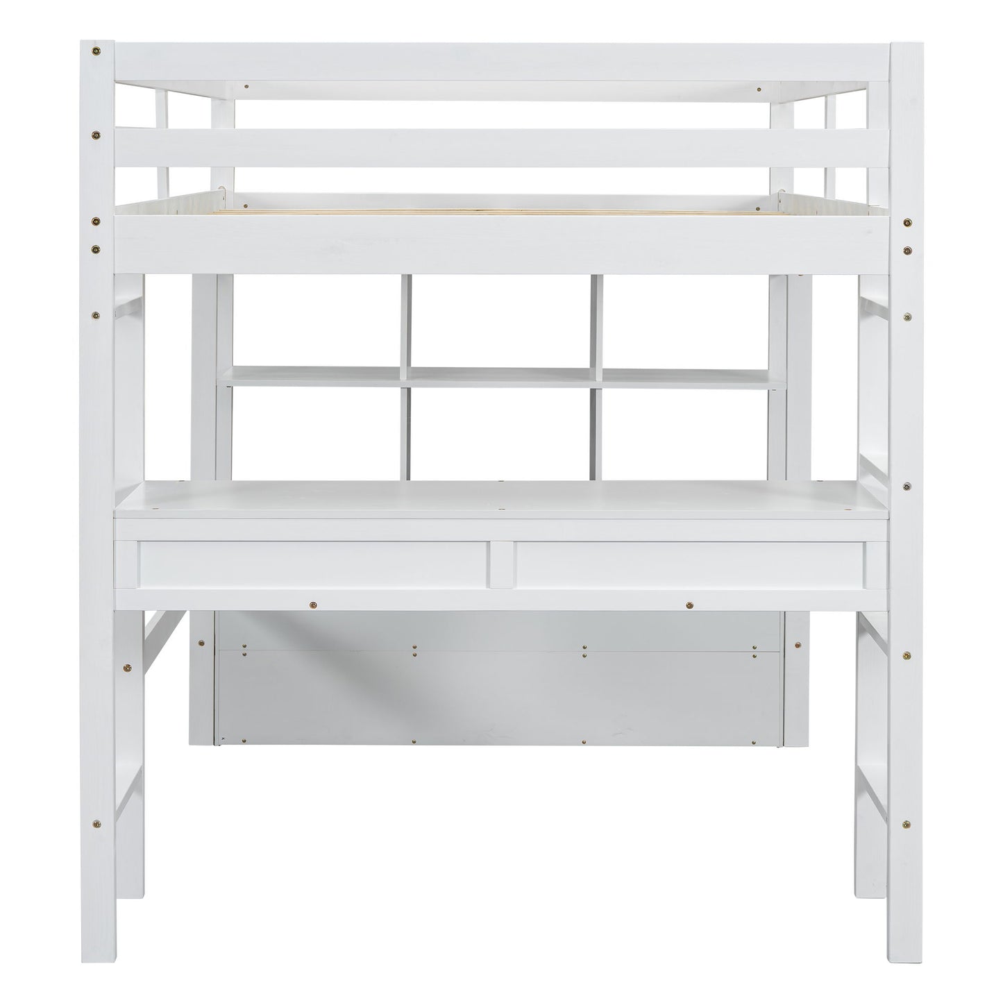 Full Size Loft Bed With Built In Desk, 2 Drawers, Storage Shelves - White - The Sleep Loft - Online Mattress Showroom NYC
