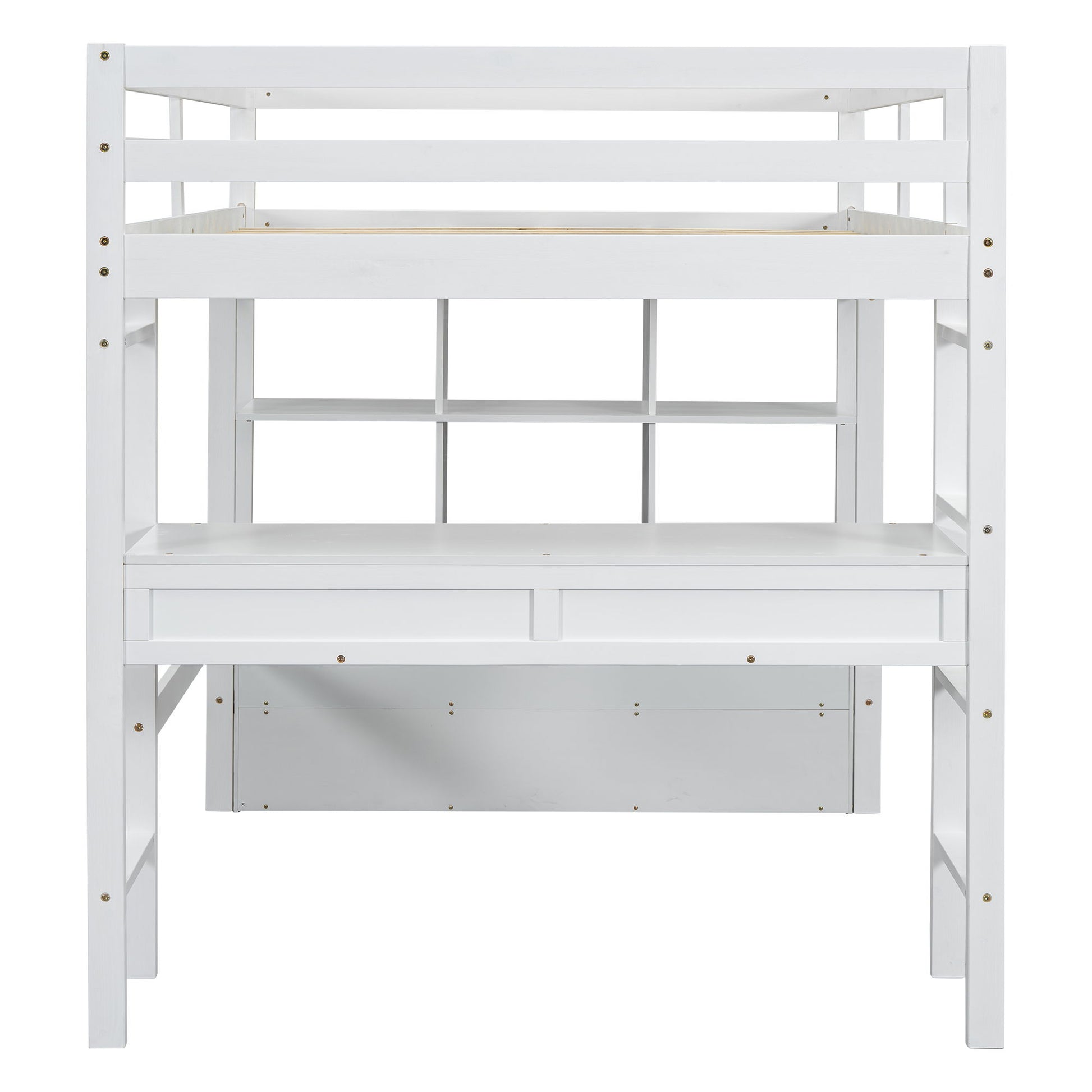 Full Size Loft Bed With Built In Desk, 2 Drawers, Storage Shelves - White - The Sleep Loft - Online Mattress Showroom NYC