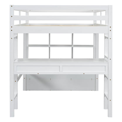 Full Size Loft Bed With Built In Desk, 2 Drawers, Storage Shelves - White - The Sleep Loft - Online Mattress Showroom NYC