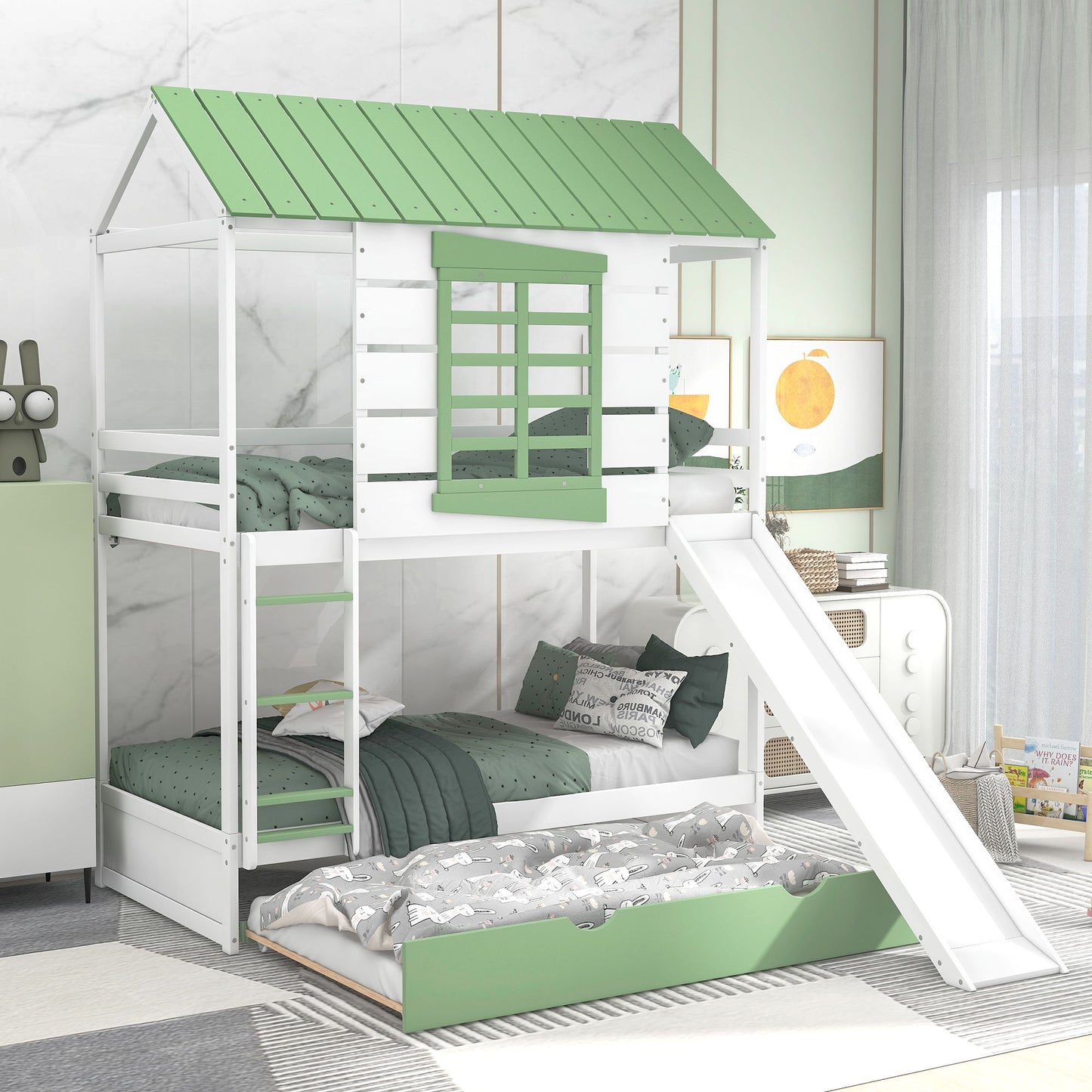 Twin Over Twin House Bunk Bed With Convertible Slide And Trundle - White - The Sleep Loft - Online Mattress Showroom NYC