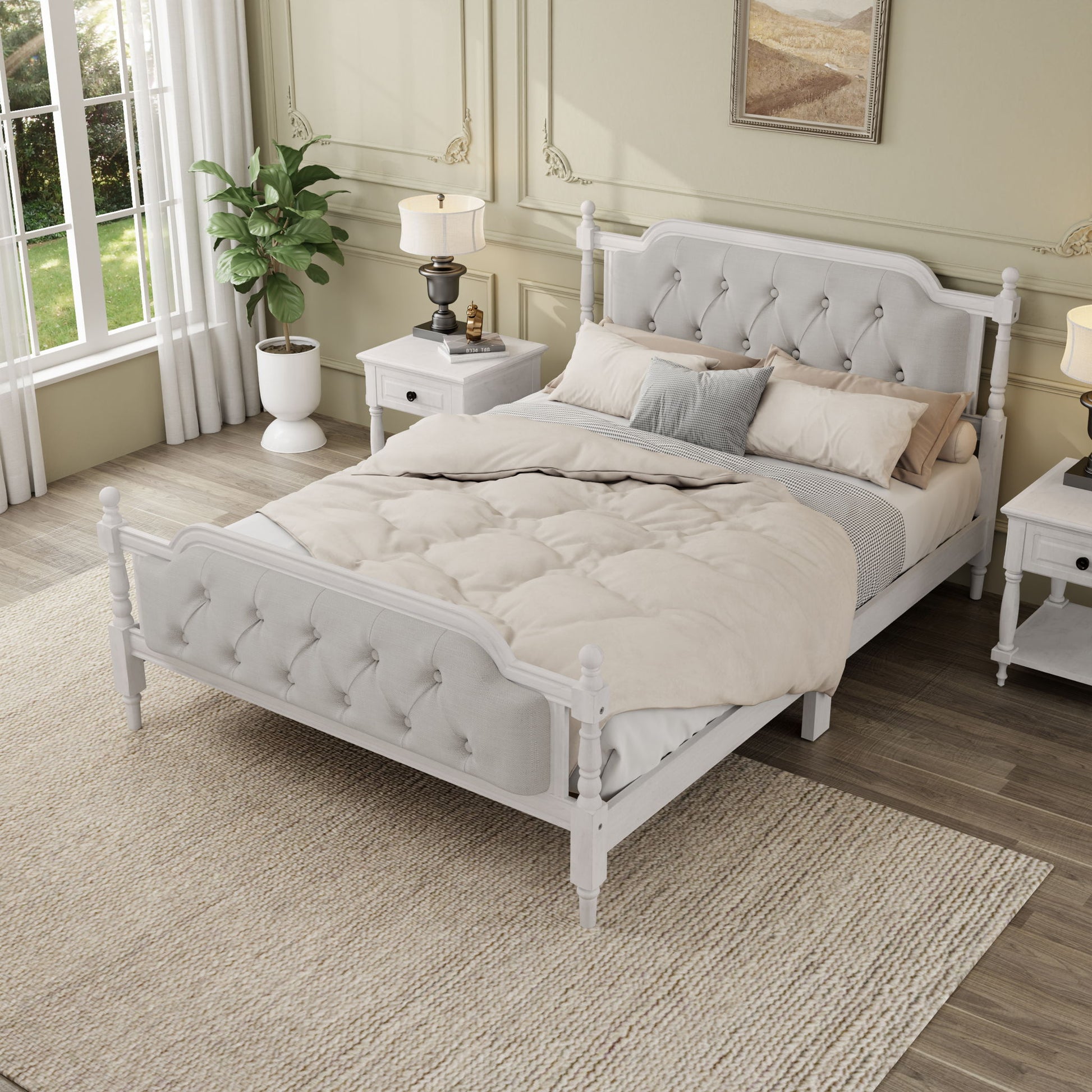 Traditional Style Solid Bed Frame With Upholstered Tufted Headboard, No Box Spring Needed - The Sleep Loft - Online Mattress Showroom NYC