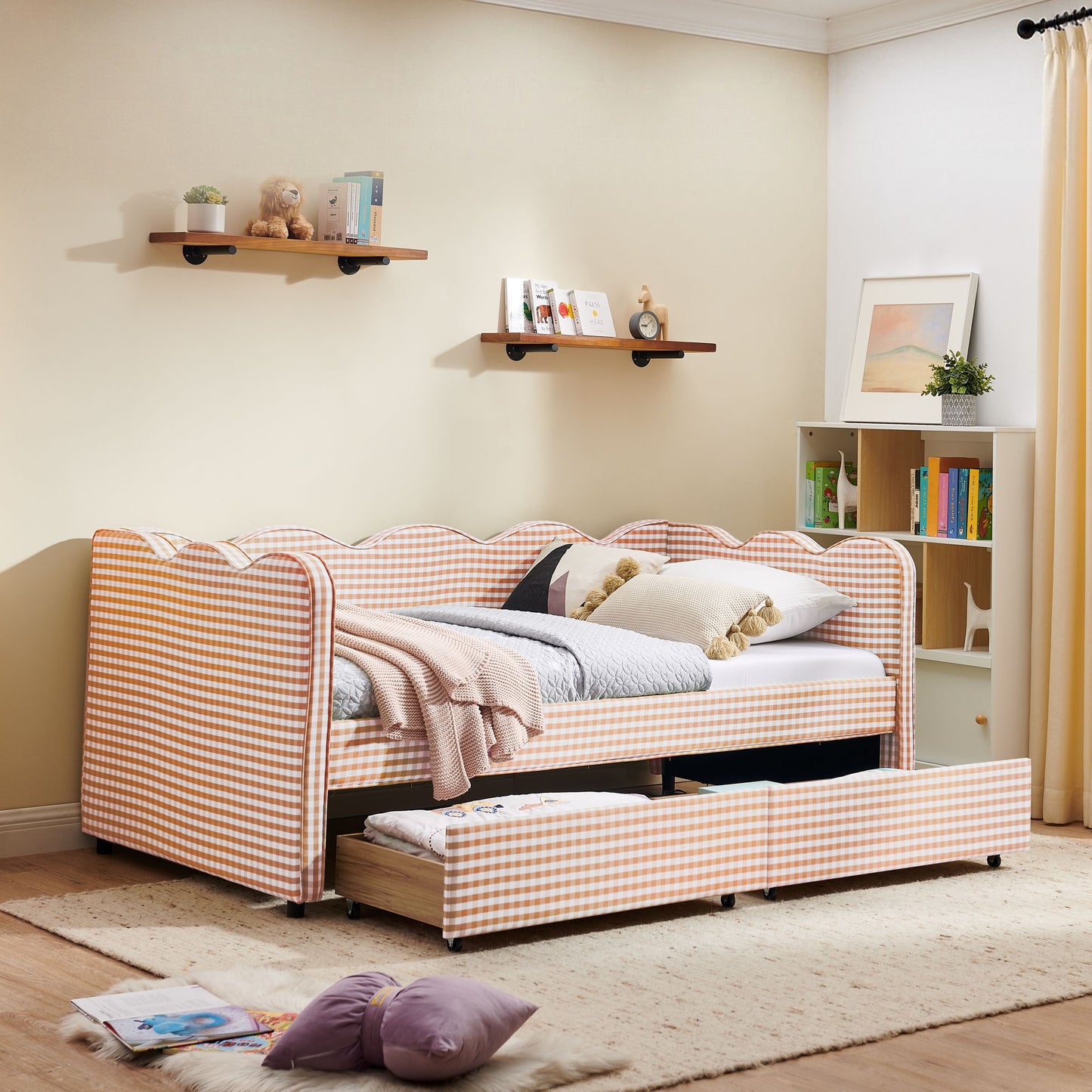Gingham Daybed With USB Charging Port, Wave-Shaped Design - The Sleep Loft - Online Mattress Showroom NYC