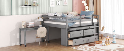 Loft Bed With Retractable Writing Desk And 4 Drawers, With Lateral Portable Desk And Shelves - The Sleep Loft - Online Mattress Showroom NYC