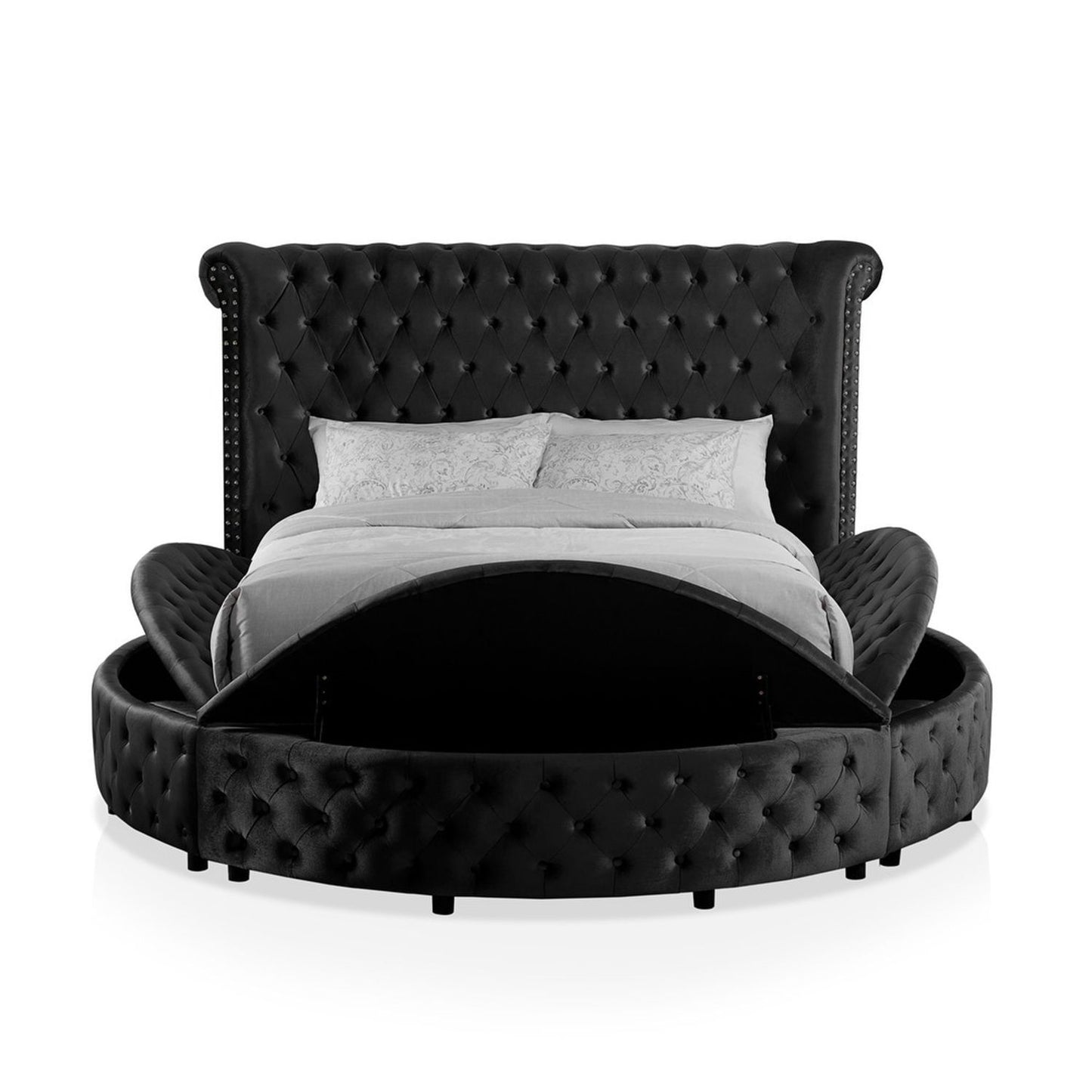 Glam Button Tufted Wingback Round Bed With Storage And USB Ports - The Sleep Loft - Online Mattress Showroom NYC