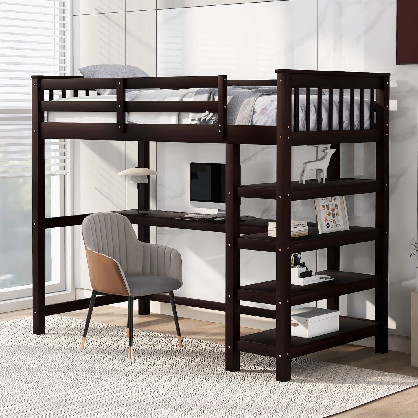 Loft Bed With Storage Shelves And Under Bed Desk - The Sleep Loft - Online Mattress Showroom NYC