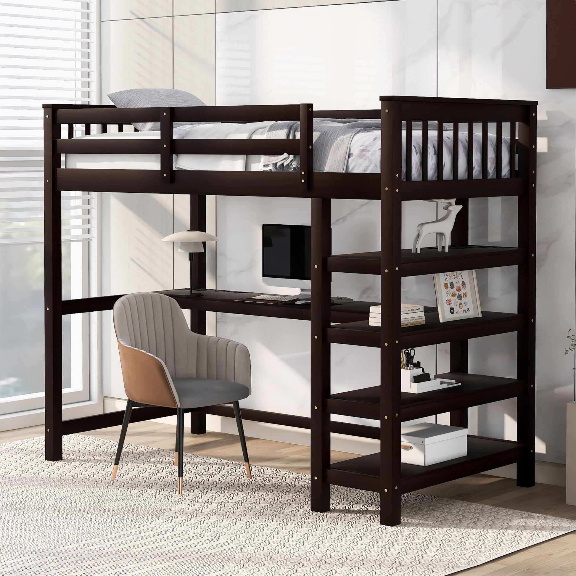 Loft Bed With Storage Shelves And Under Bed Desk - The Sleep Loft - Online Mattress Showroom NYC