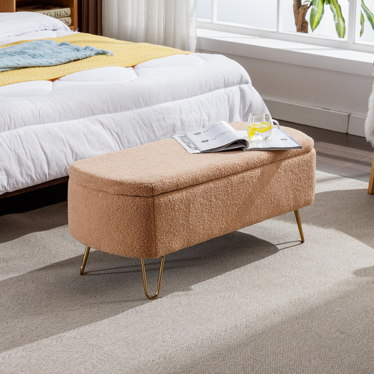 Storage Ottoman Bench For End Of Bed Legs, Modern Camel Faux Fur Entryway Bench Upholstered Padded With Storage For Living Room Bedroom - The Sleep Loft - Online Mattress Showroom NYC