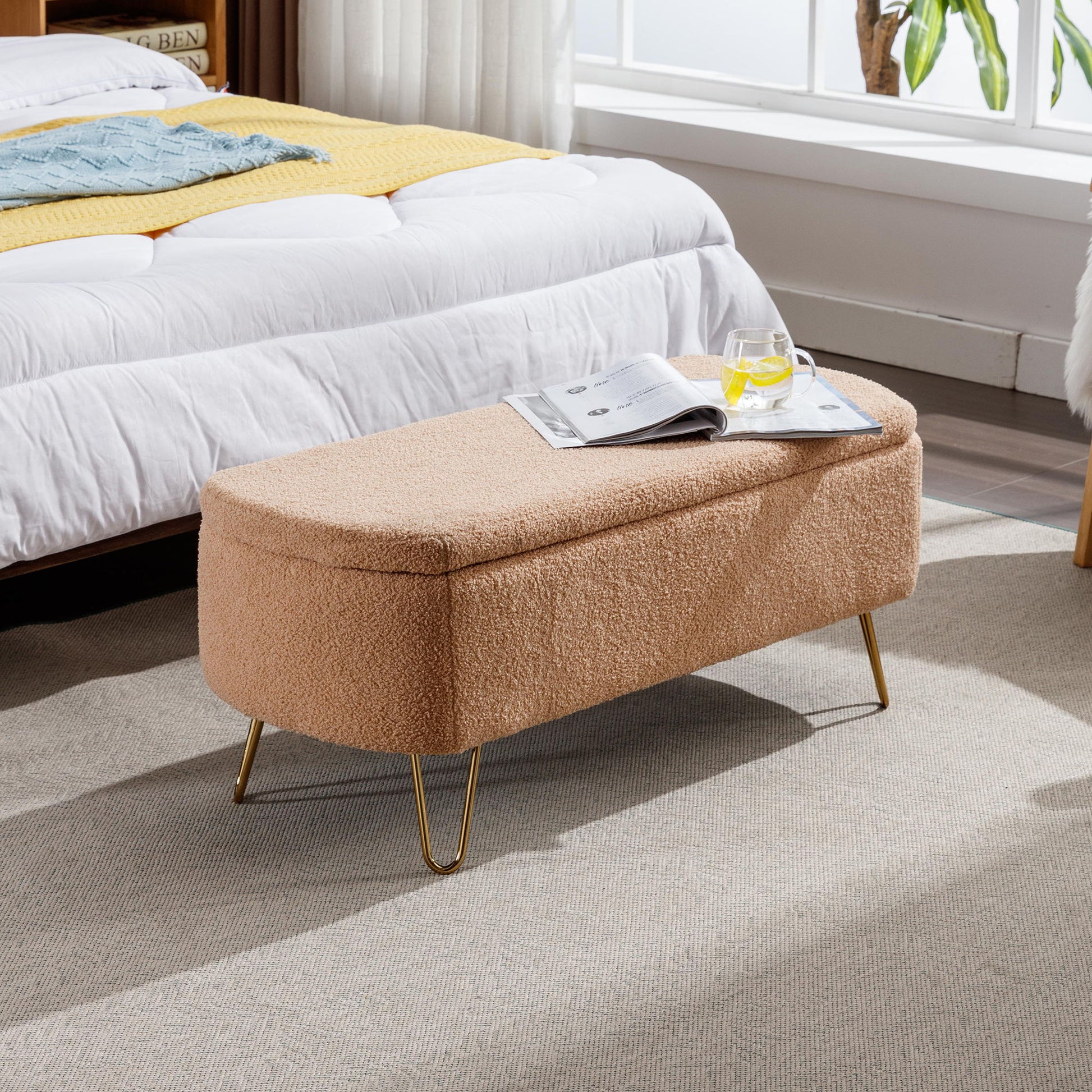 Storage Ottoman Bench For End Of Bed Legs, Modern Camel Faux Fur Entryway Bench Upholstered Padded With Storage For Living Room Bedroom - The Sleep Loft - Online Mattress Showroom NYC