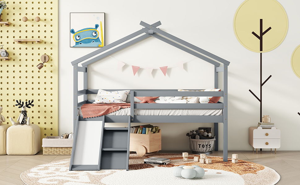 Low Loft House Bed With Slide, Ladder, Safety Guardrails, House Roof Frame - The Sleep Loft - Online Mattress Showroom NYC