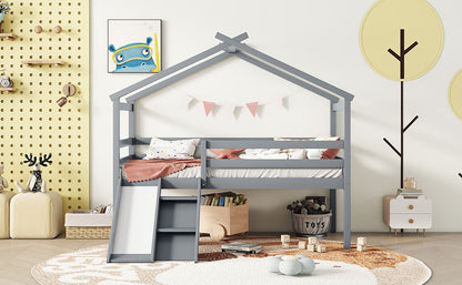 Low Loft House Bed With Slide, Ladder, Safety Guardrails, House Roof Frame - The Sleep Loft - Online Mattress Showroom NYC