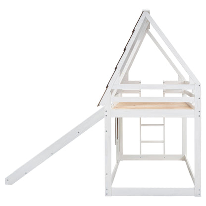 Wood Twin Size House Bunk Bed With Roof, Ladder And Slide - White / Brown - The Sleep Loft - Online Mattress Showroom NYC