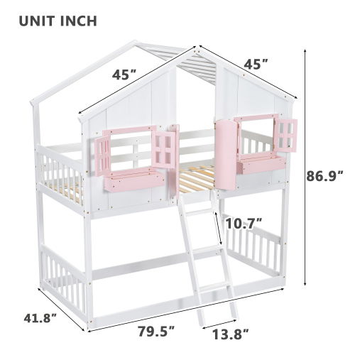 House Bunk Bed With Roof, Window, Window Box, Door, With Safety Guardrails And Ladder - The Sleep Loft - Online Mattress Showroom NYC