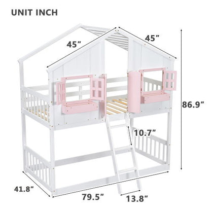House Bunk Bed With Roof, Window, Window Box, Door, With Safety Guardrails And Ladder - The Sleep Loft - Online Mattress Showroom NYC