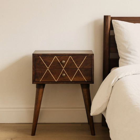Inlay Geo Brass Bedside Table - Chestnut - The Sleep Loft - Online Mattress Showroom NYC