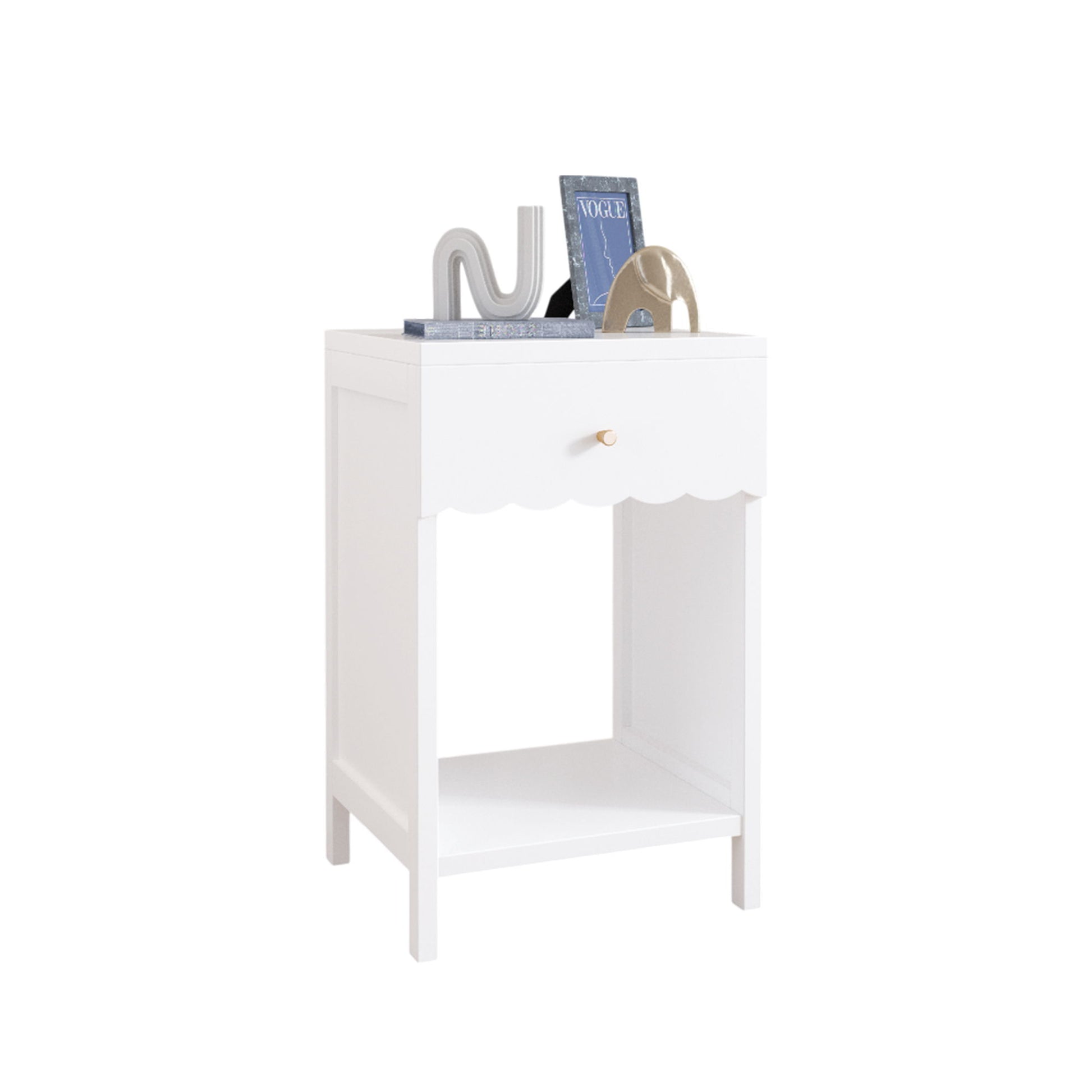 Nightstand With Drawer And Open Shelf, Scalloped Edge Bedside Table - The Sleep Loft - Online Mattress Showroom NYC