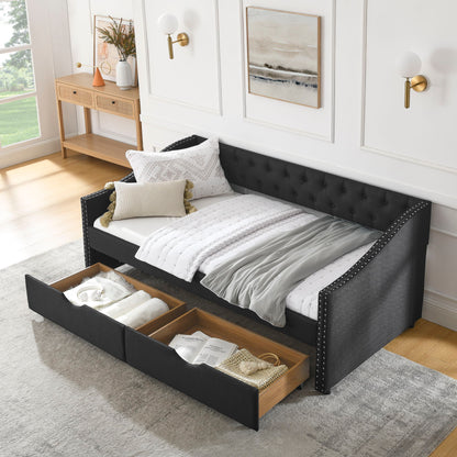 Upholstered Tufted Daybed With 2 Drawers, Waved Arms - The Sleep Loft - Online Mattress Showroom NYC