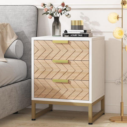 Nightstands With 3 Drawers, Zig Zag Design (Set of 2) - White / Oak