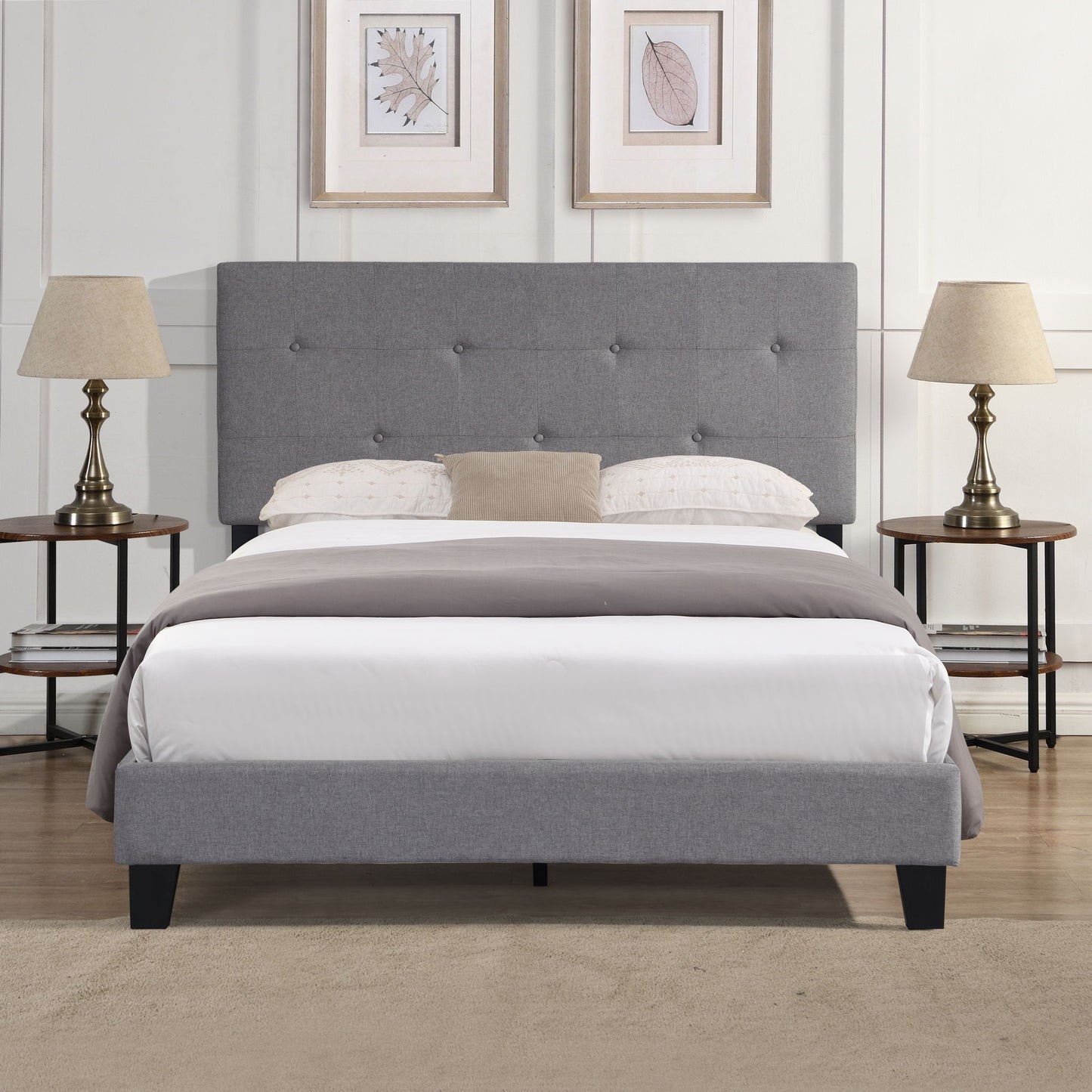 Queen Size Upholstered Platform Bed Frame With Button Tufted Linen Headboard, No Box Spring Needed, Wood Slat Support - Gray - The Sleep Loft - Online Mattress Showroom NYC
