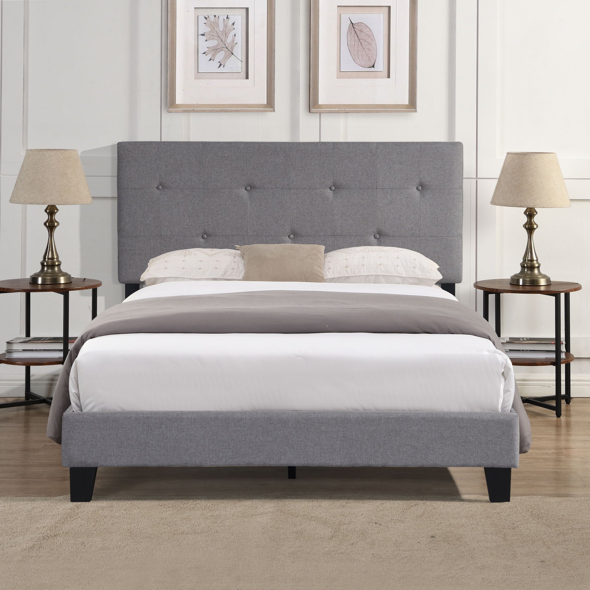 Queen Size Upholstered Platform Bed Frame With Button Tufted Linen Headboard, No Box Spring Needed, Wood Slat Support - Gray - The Sleep Loft - Online Mattress Showroom NYC