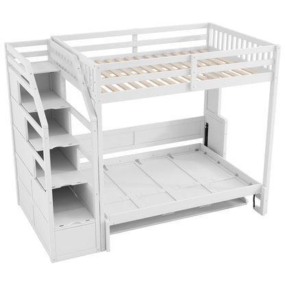 Full Long Loft Bed With Storage Staircase, Murphy Bed, LED Light - White - The Sleep Loft - Online Mattress Showroom NYC