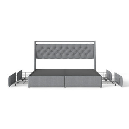 Queen Platform Bed Frame With RGB LED & Charging Station, Storage Headboard - Gray