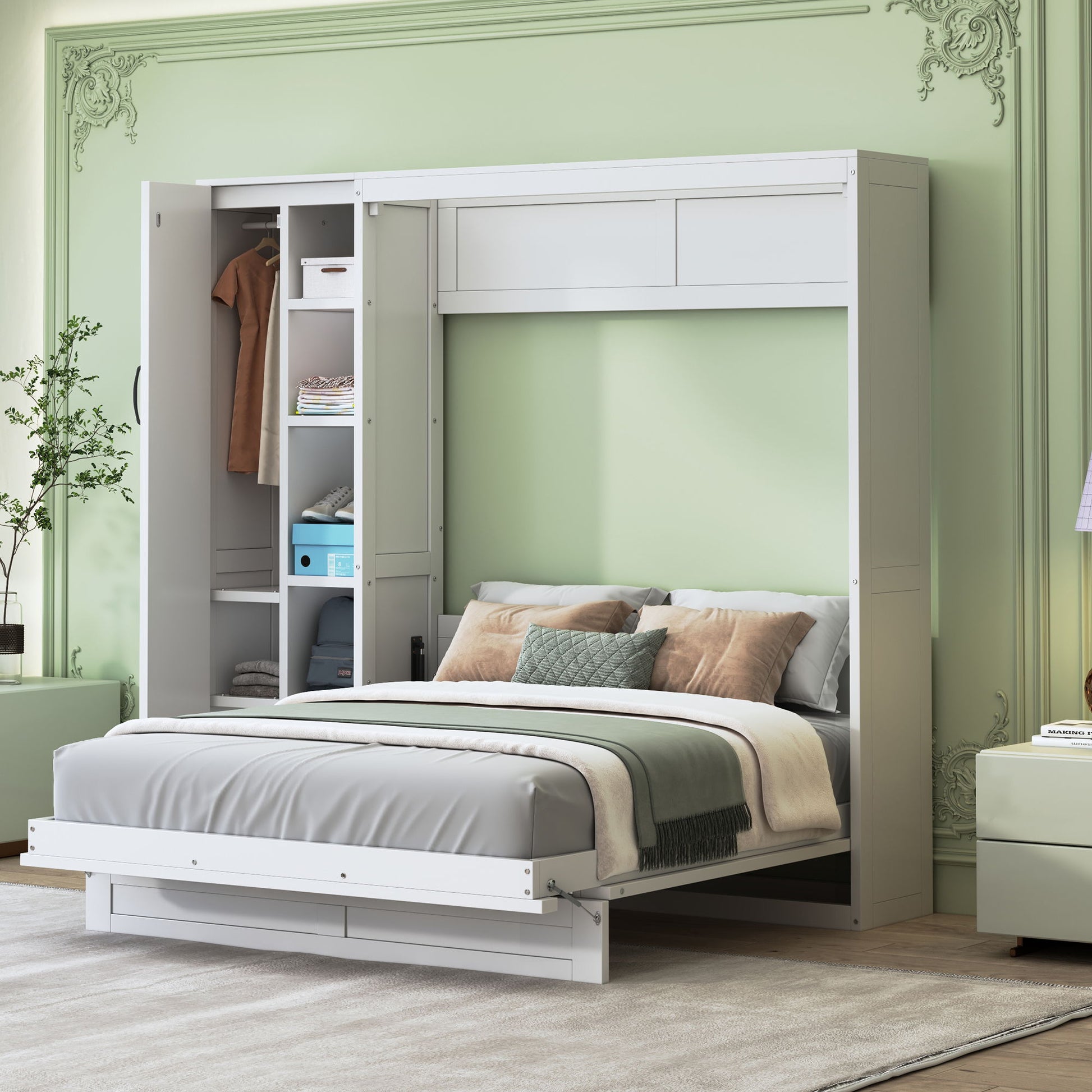 Murphy Wall Bed With Shelves, Wardrobe And LED Lights - The Sleep Loft - Online Mattress Showroom NYC
