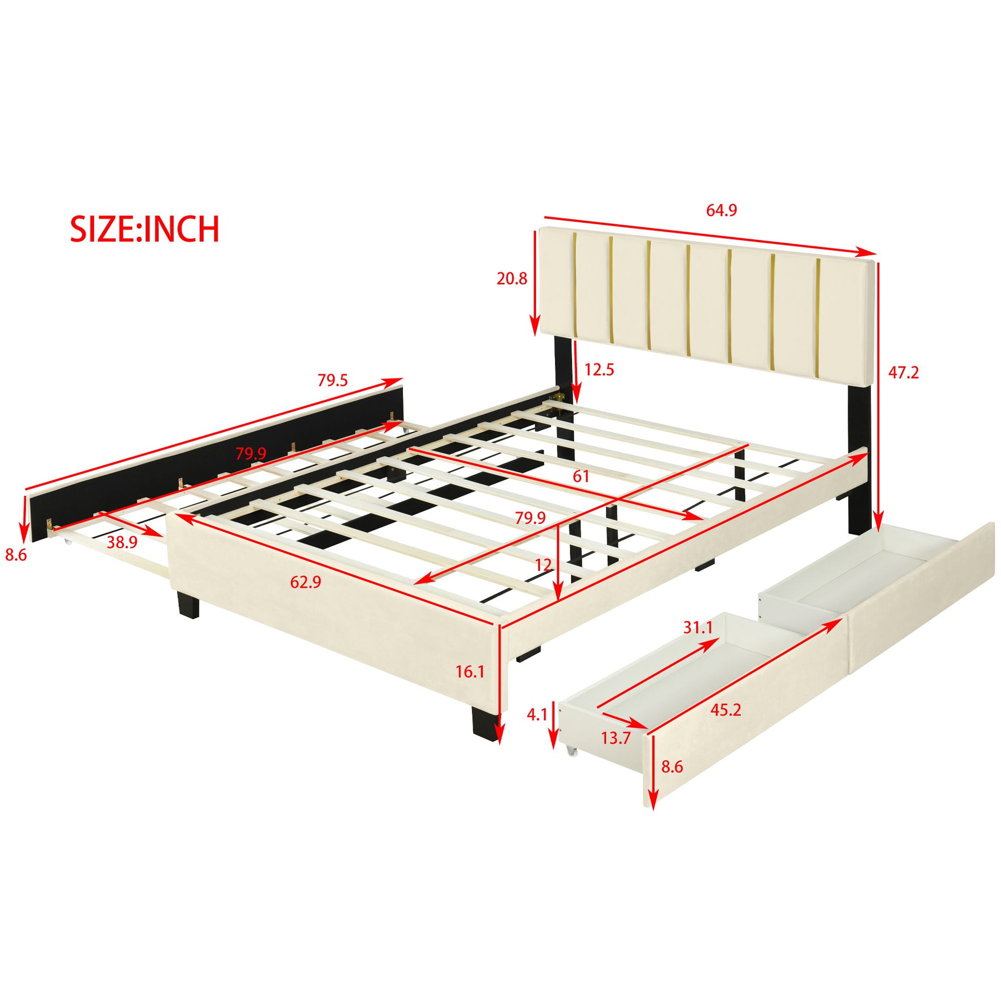 Upholstered Platform Bed With 2 Drawers And 1 Trundle, Classic Strip Headboard Design - The Sleep Loft - Online Mattress Showroom NYC
