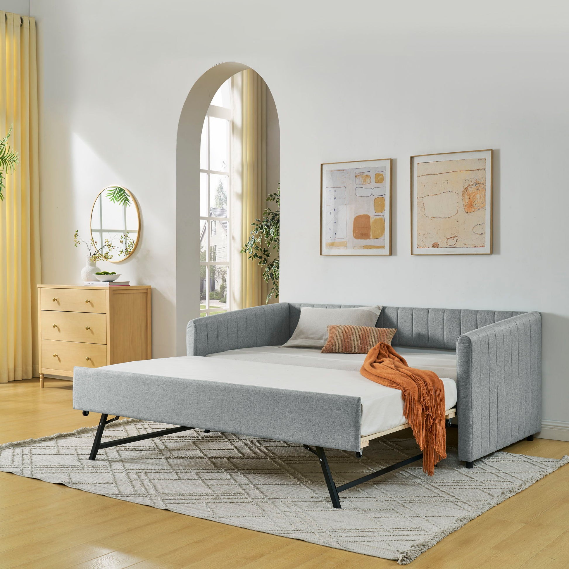Upholstered Daybed With Trundle With Vertical Stripes - The Sleep Loft - Online Mattress Showroom NYC
