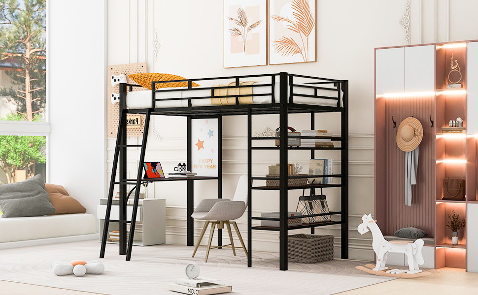 Loft Metal Bed With 3 Layers Of Shelves And Desk, Stylish Metal Frame Bed With board - The Sleep Loft - Online Mattress Showroom NYC