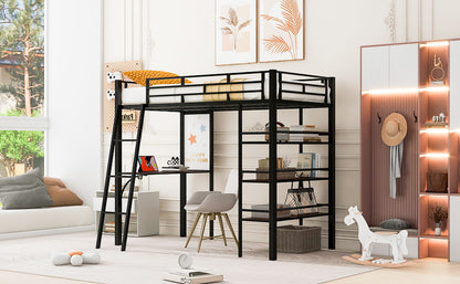 Loft Metal Bed With 3 Layers Of Shelves And Desk, Stylish Metal Frame Bed With board - The Sleep Loft - Online Mattress Showroom NYC