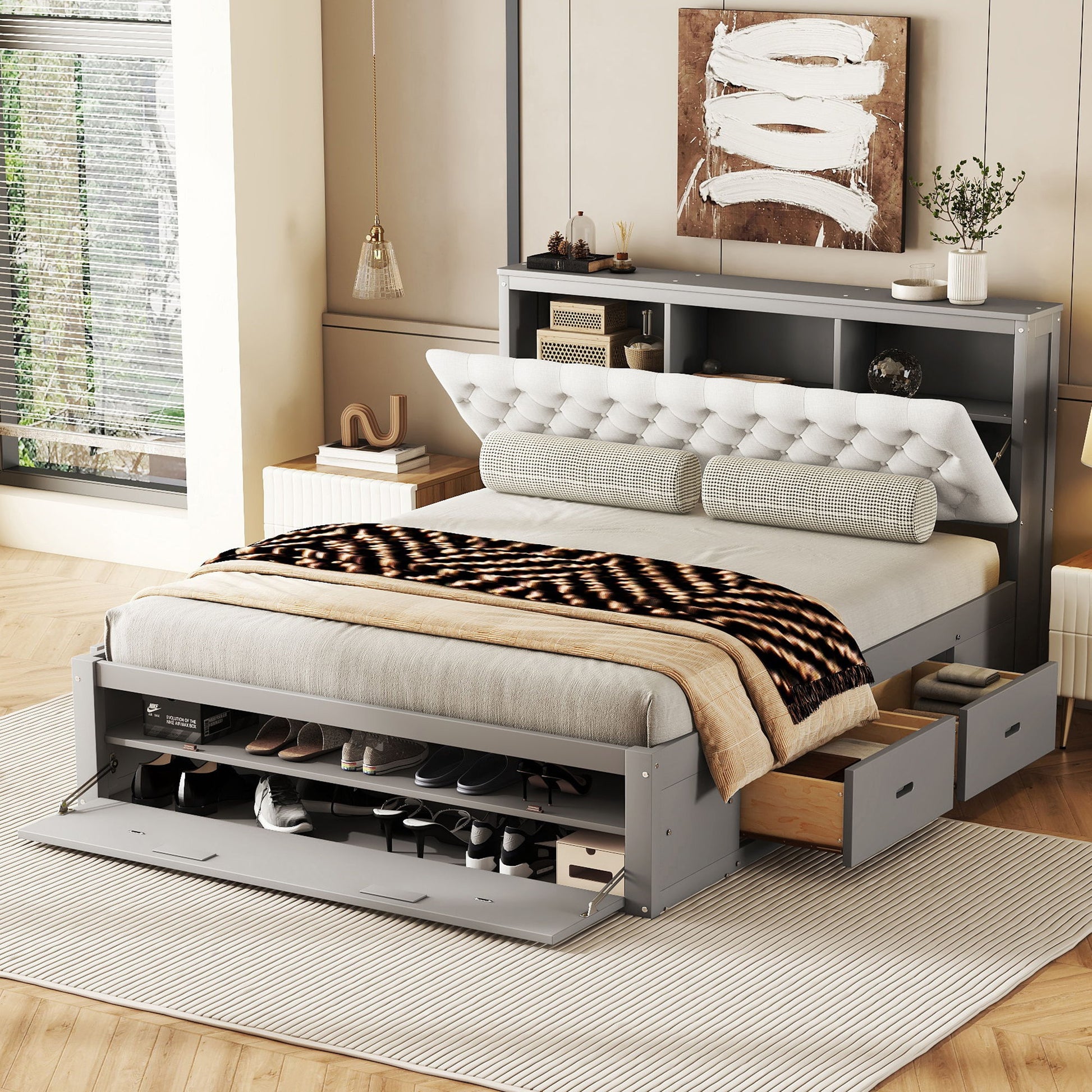 Platform Bed With Storage Headboard, Shoe Rack And 4 Drawers - The Sleep Loft - Online Mattress Showroom NYC