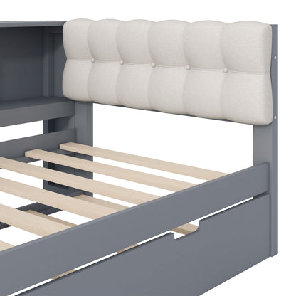 Upholstered Headboard Platform Bed With Storage Shelves, Trundle, Charging Station - The Sleep Loft - Online Mattress Showroom NYC