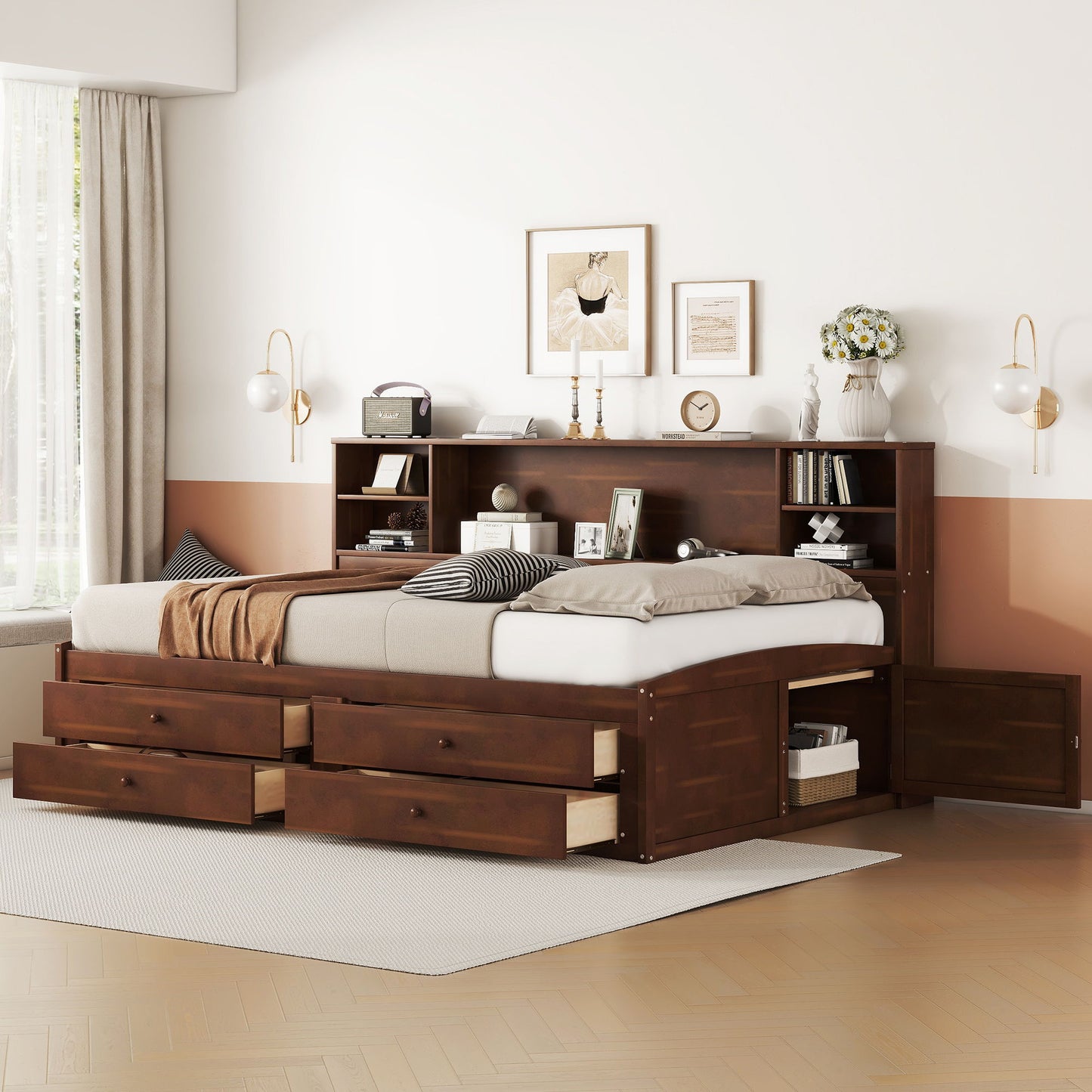 Full Size Captain Bed With Built In Storage Shelves, 4 Drawers And 2 Cabinets - Antique Brown - The Sleep Loft - Online Mattress Showroom NYC
