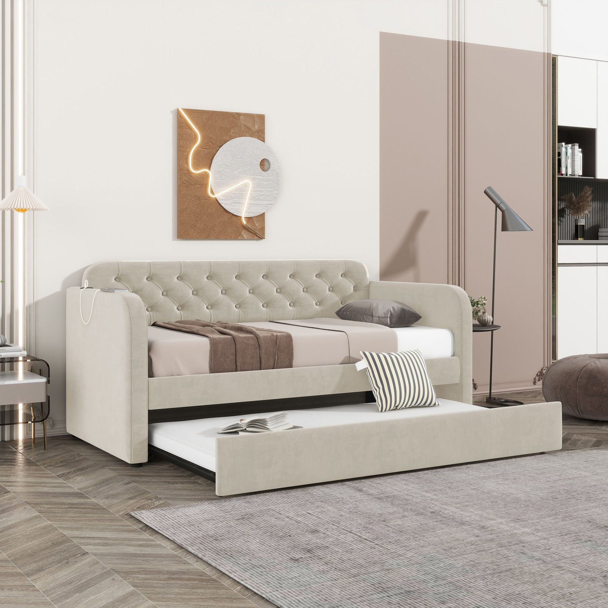 Upholstered Daybed With Trundle And USB Charging Design - The Sleep Loft - Online Mattress Showroom NYC