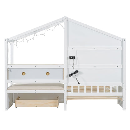 House Bed With Upholstered Sofa, Wireless Charging Station, Shelves And 2 Drawers - The Sleep Loft - Online Mattress Showroom NYC
