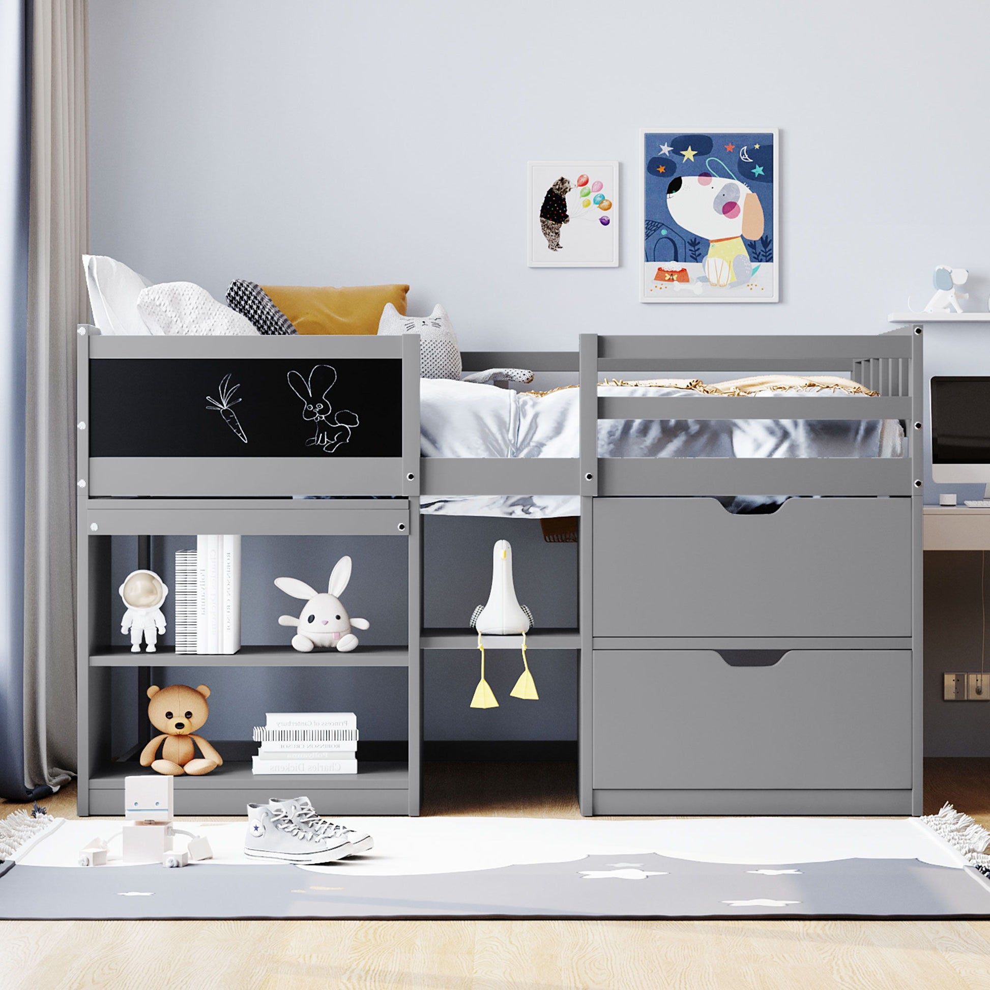 Low Loft Bed With Rolling Desk, Shelf And Drawers - The Sleep Loft - Online Mattress Showroom NYC