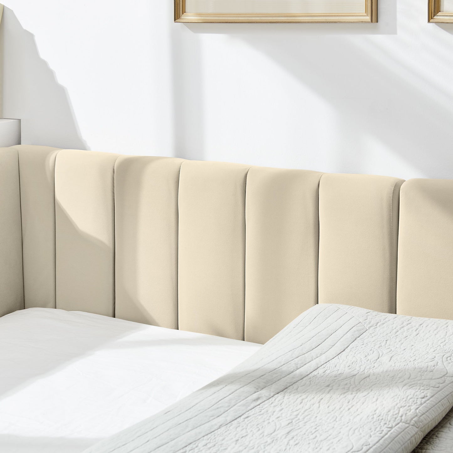 Mid-Century Upholstered Tufted Bed Frame With Backrest And Armrests - The Sleep Loft - Online Mattress Showroom NYC