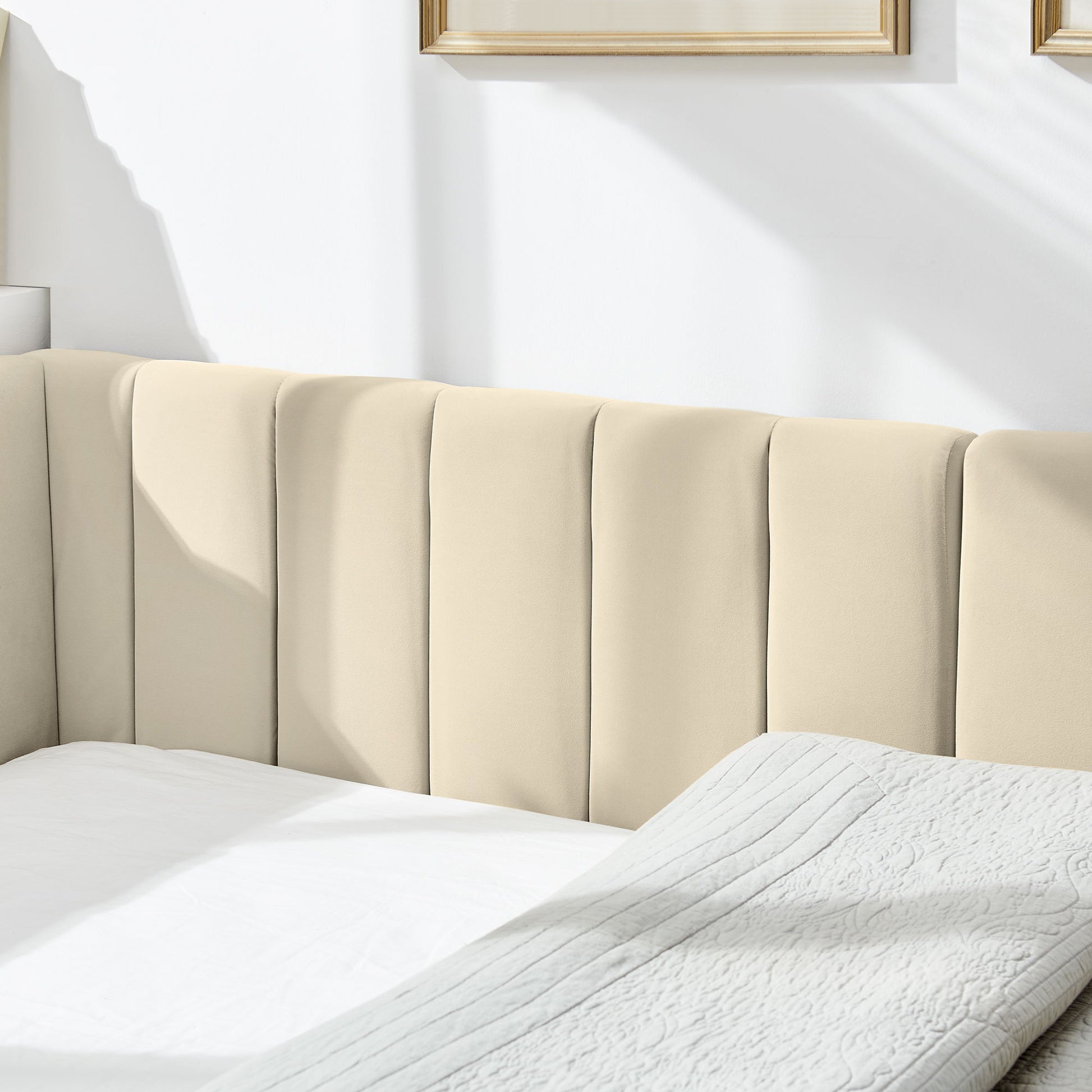 Mid-Century Upholstered Tufted Bed Frame With Backrest And Armrests - The Sleep Loft - Online Mattress Showroom NYC