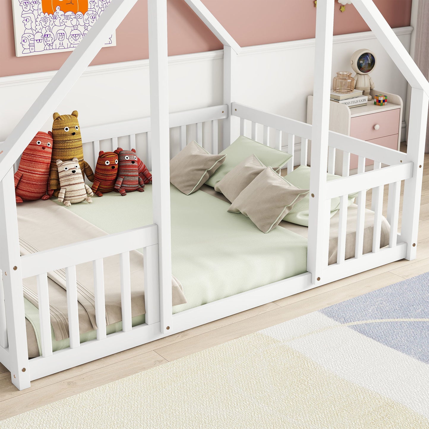 Wood House-Shaped Floor Bed With Fence, Guardrails - The Sleep Loft - Online Mattress Showroom NYC