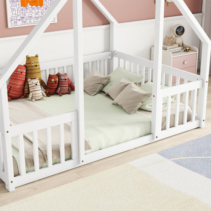 Wood House-Shaped Floor Bed With Fence, Guardrails - The Sleep Loft - Online Mattress Showroom NYC