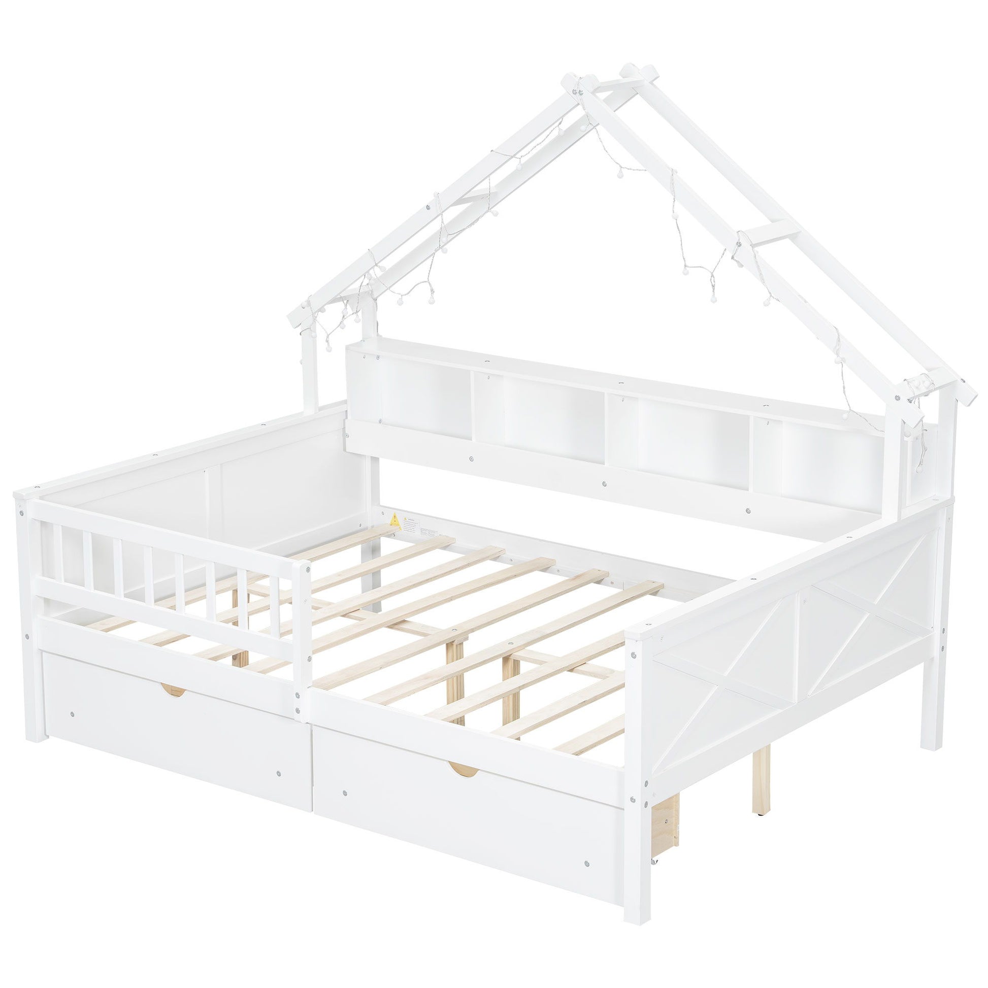 House Style Platform Bed With LED Lights, Storage Shelves, Drawers, And Guardrail - The Sleep Loft - Online Mattress Showroom NYC
