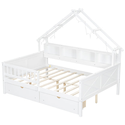 House Style Platform Bed With LED Lights, Storage Shelves, Drawers, And Guardrail - The Sleep Loft - Online Mattress Showroom NYC
