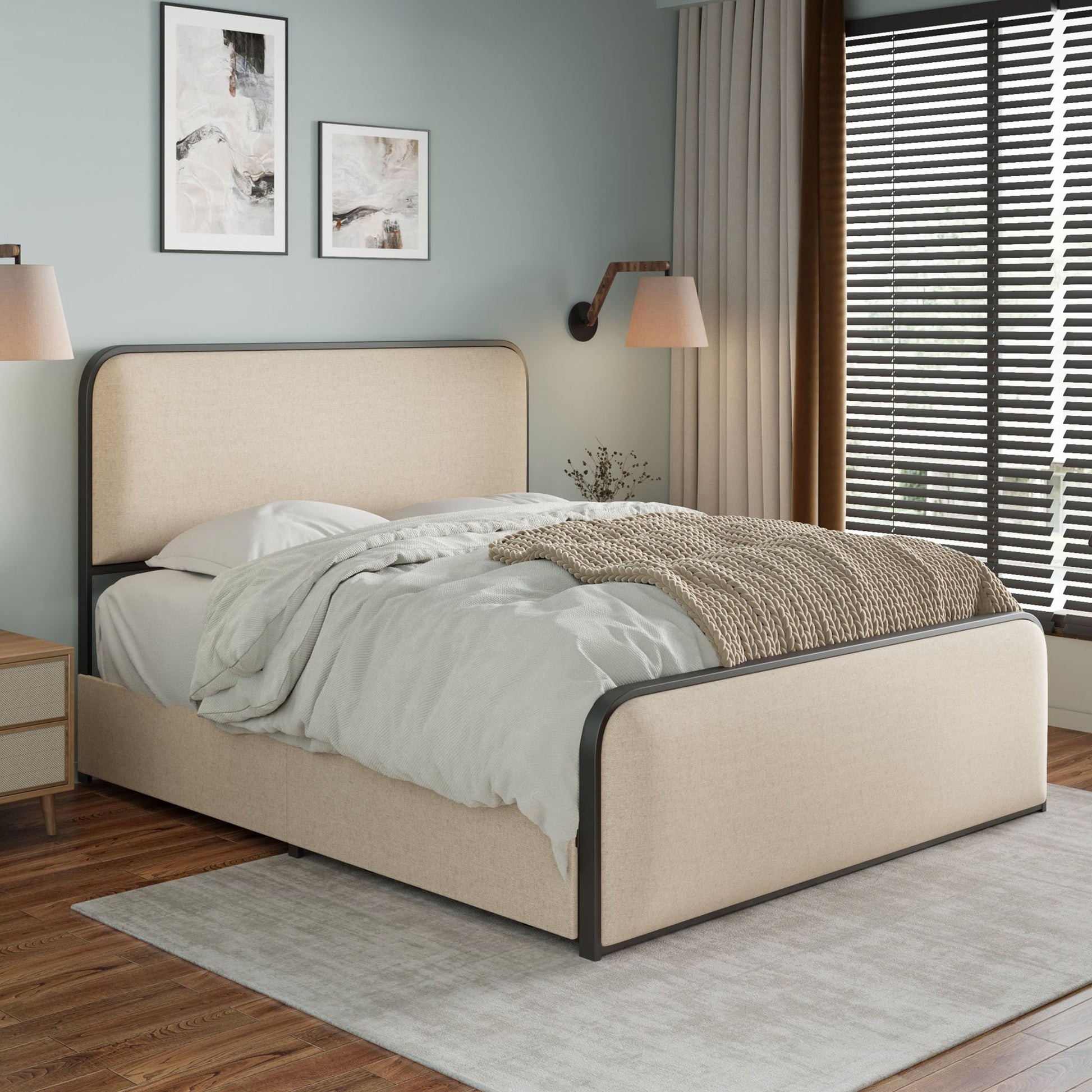 Modern Bed With Curved Upholstered Headboard And Footboard, Heavy Duty Metal Slats - The Sleep Loft - Online Mattress Showroom NYC