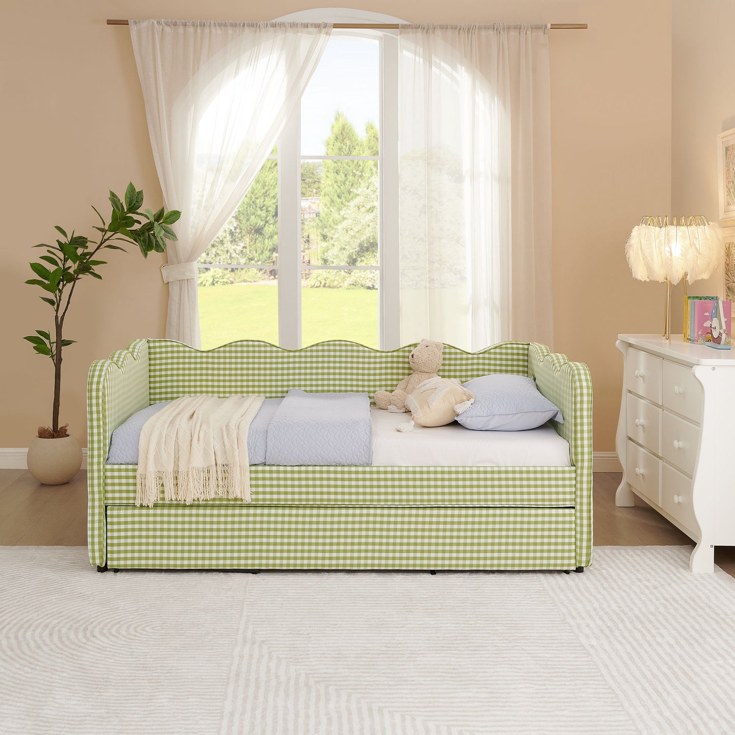 Gingham Daybed With USB Charging Port, Wave-Shaped Design - The Sleep Loft - Online Mattress Showroom NYC