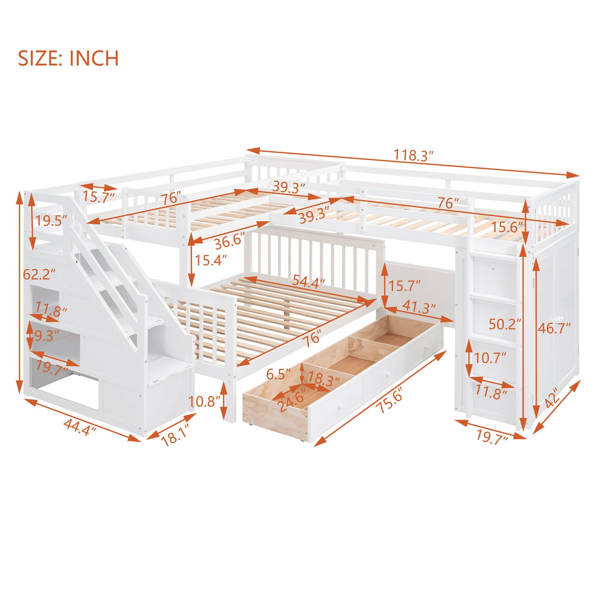 L Shaped Bunk Bed With 3 Drawers, Portable Desk And Wardrobe - The Sleep Loft - Online Mattress Showroom NYC