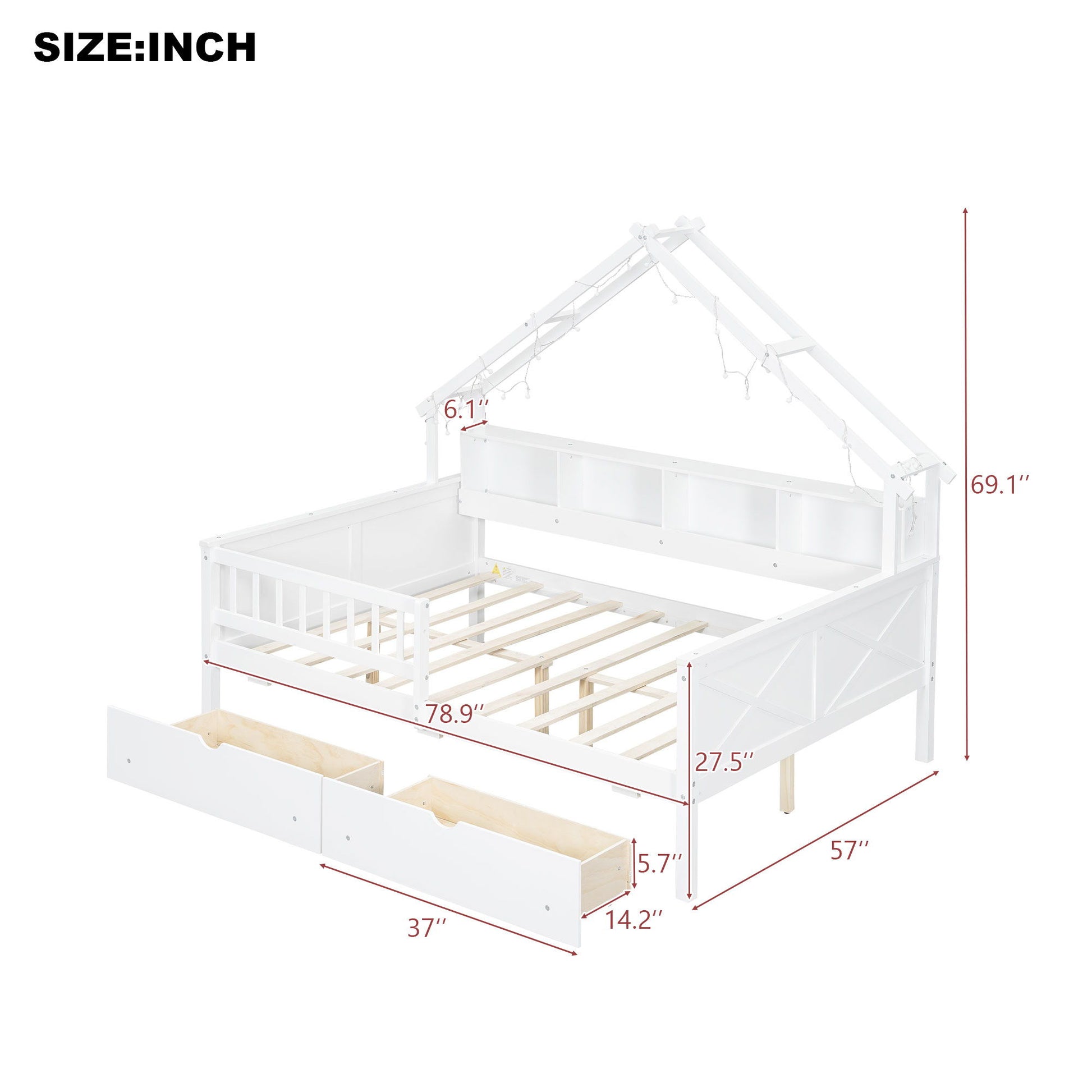 House Style Platform Bed With LED Lights, Storage Shelves, Drawers, And Guardrail - The Sleep Loft - Online Mattress Showroom NYC