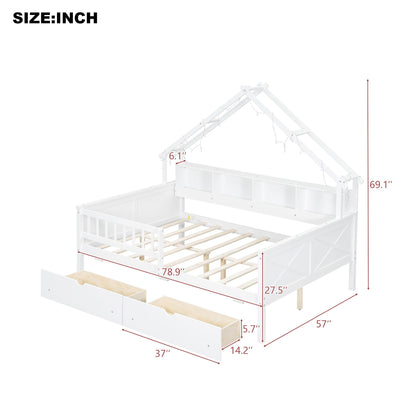 House Style Platform Bed With LED Lights, Storage Shelves, Drawers, And Guardrail - The Sleep Loft - Online Mattress Showroom NYC