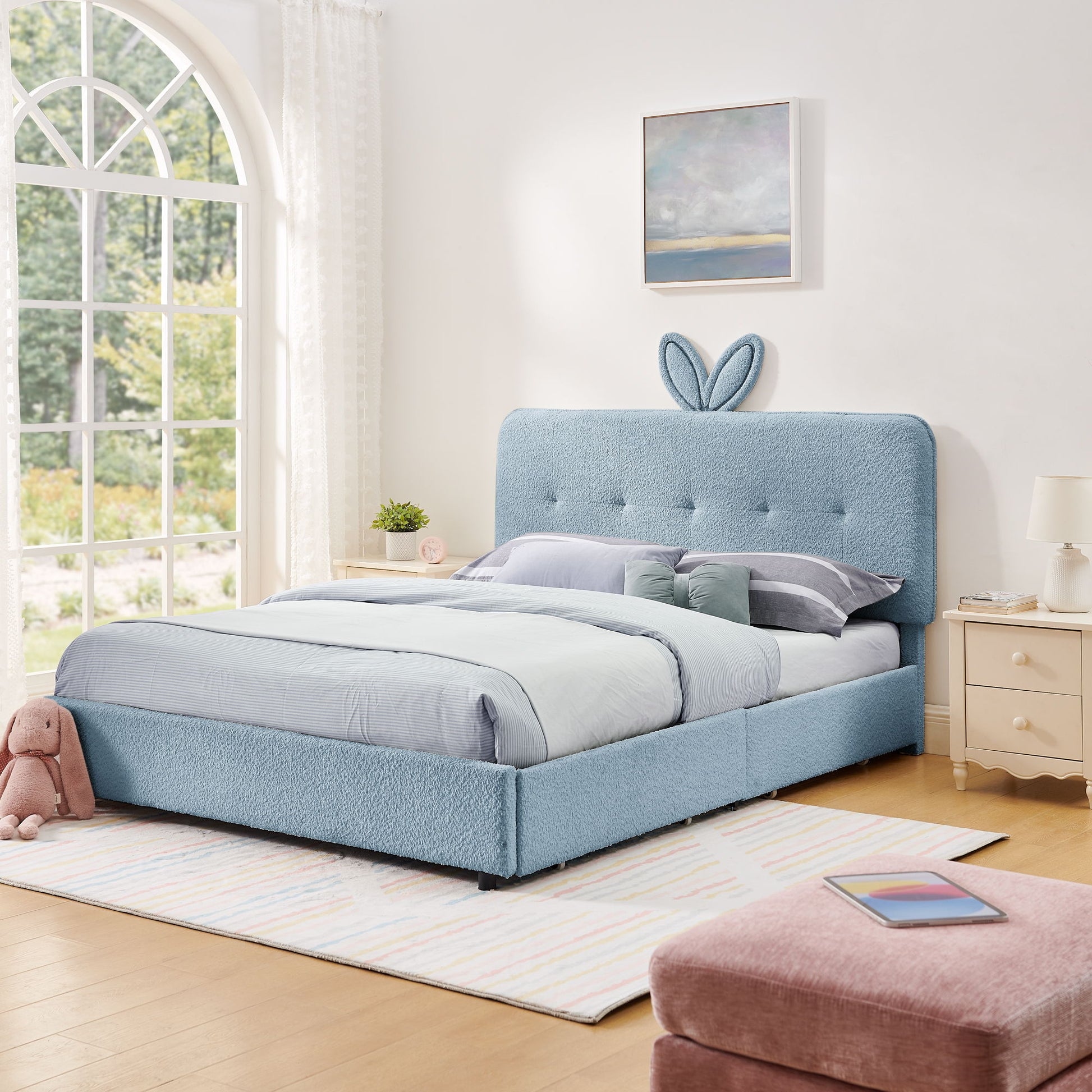 Upholstered Bed With Oversized Rabbit Ear Headboard, LED Lights & 4 Storage Drawers - The Sleep Loft - Online Mattress Showroom NYC